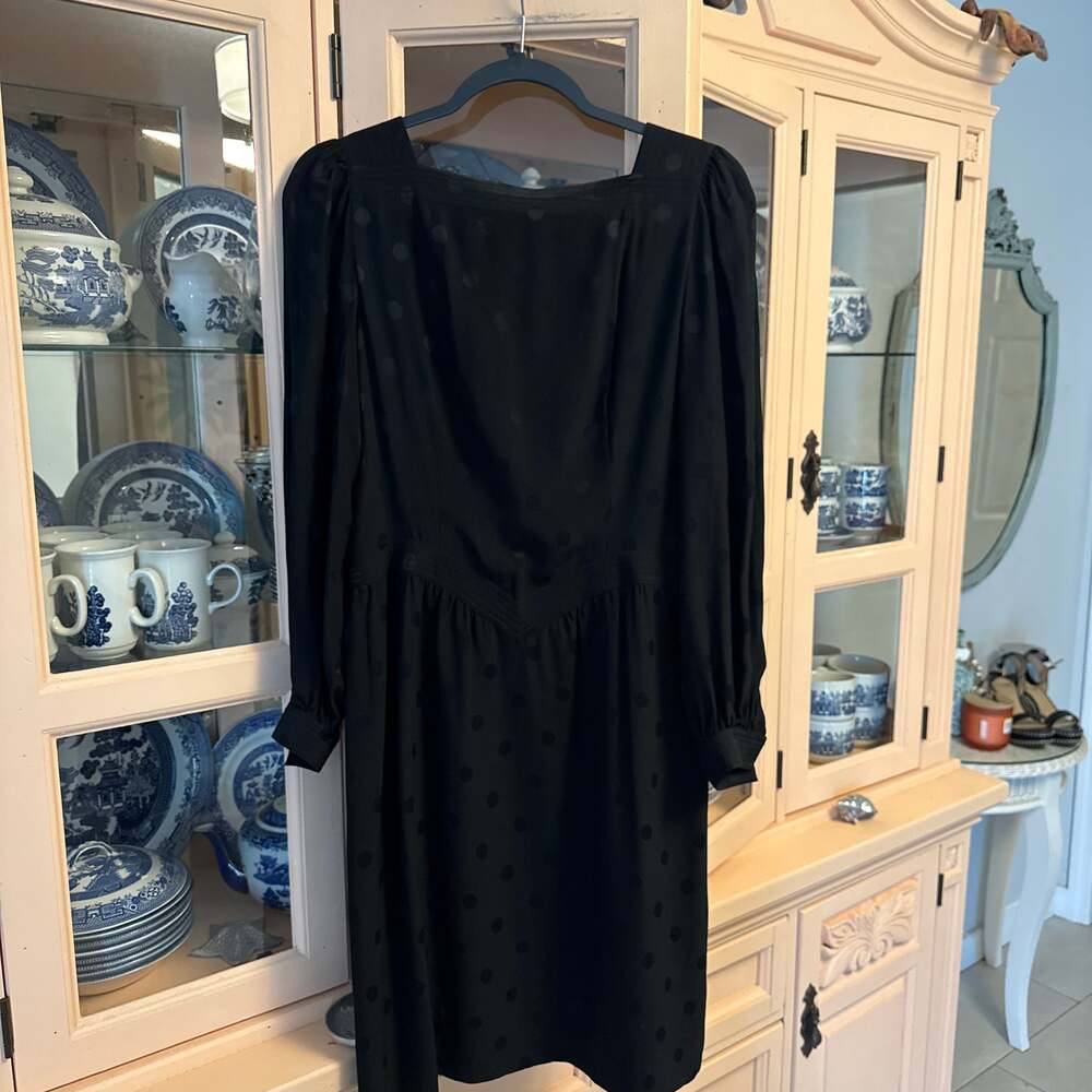 Vintage Adele Simpson Black Polka Dot Jacquard Long Sleeve Silk Dress